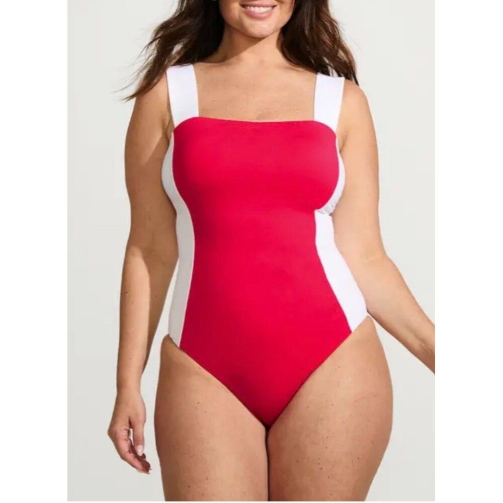 Lands End Square Neck Colorblock Swimsuit One Piece Red White Wide Strap Plus 18